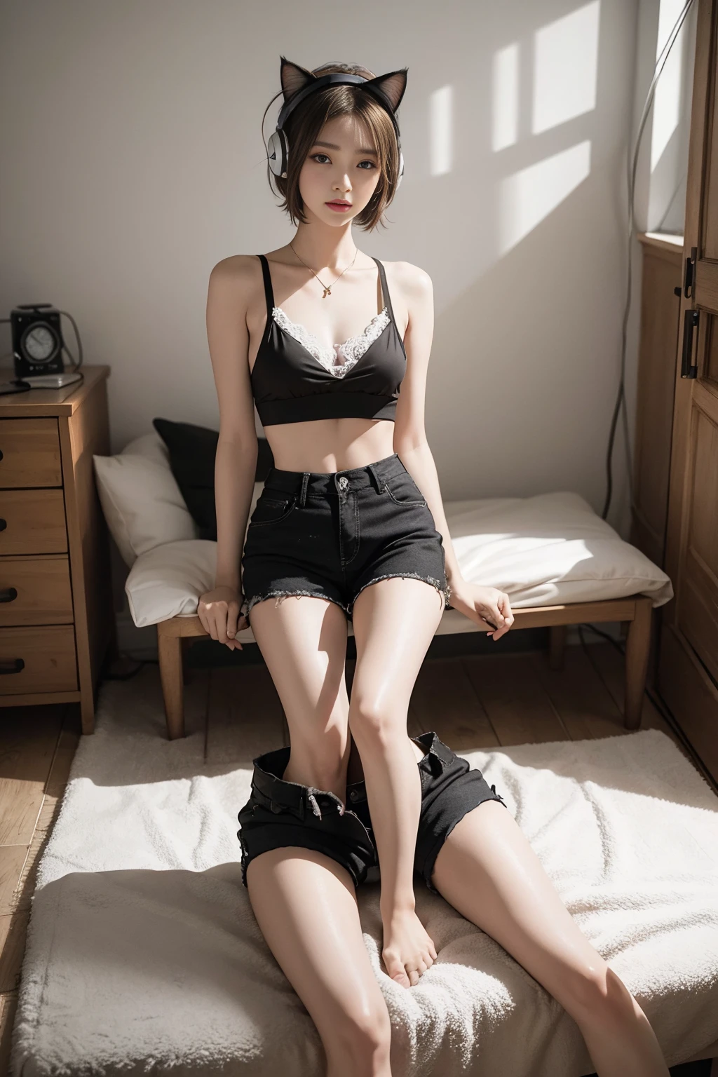 Top image quality、original photography、ultra high resolution、an 18 year old female、Photographed only for one person、model shoot、Large round chest、Vest、black shorts、Beautiful Eye of Details、eyes very long、beautiful eyelashes、beautiful double eyelids、white wall、Legs are very slender、short hair cat light brown hair、Very slim figure、Very small hips,cat ear headphone