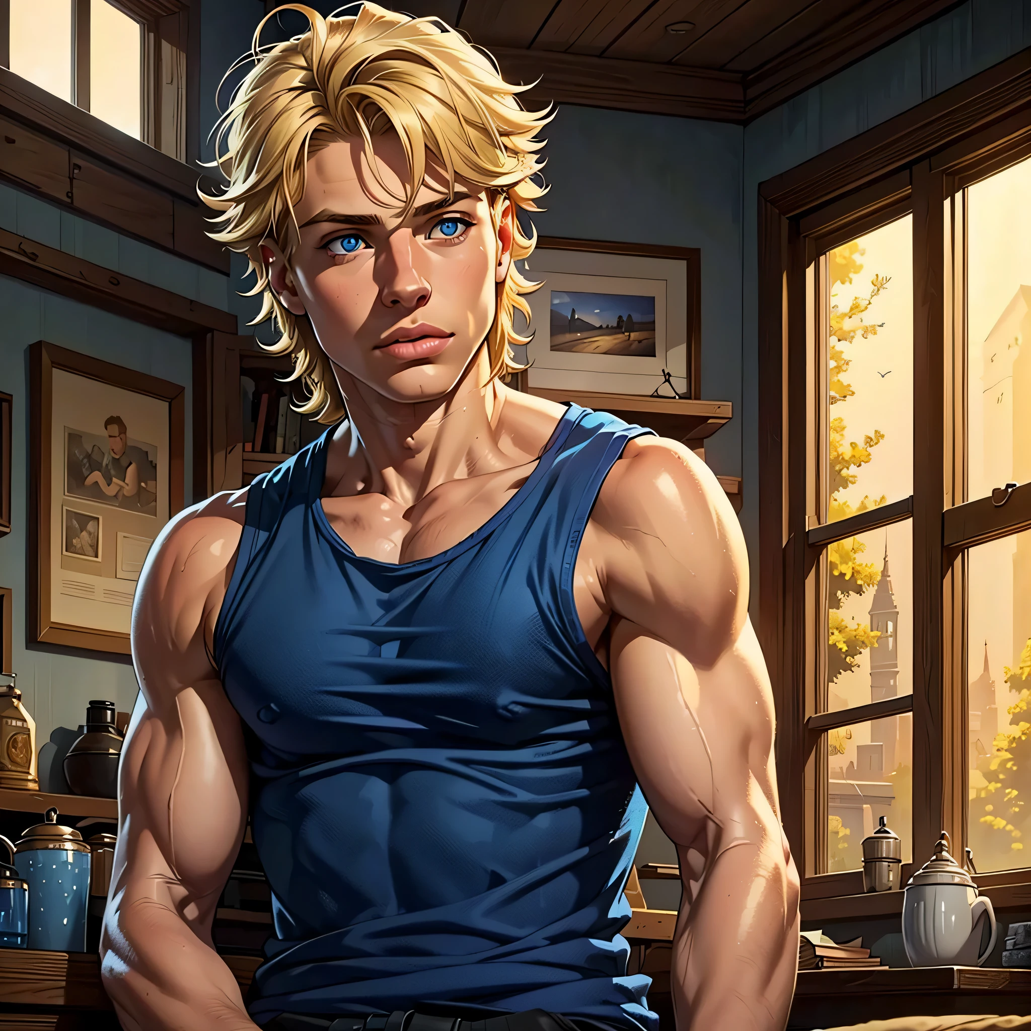 (melhor qualidade, realista, macho), 15 anos, (1 menino), olhos detalhados, Detailed lips, cabelo loiro, Messy hair, olhos azuis, regata, ambiente aconchegante, soft lighting, ambiente calmo, macho