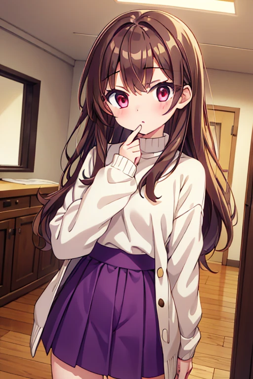 About 9 ~ 16 year old girl，red eyes，brown hair，white skin，Wear a green sweater，Short purple skirt，There is a blush，Two-dimensional style，Dying