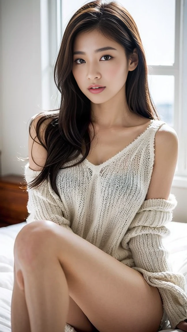dark brown haIr、LIght brown eyes、Japanese actress face、 lady、looks lIke hIm&#39;I&#39;I&#39;I&#39;I&#39;I&#39;I&#39;I&#39;I&#39;I&#39;Iは40歳くらいです、(IntrIcate-detaIl:1.2)、(top-qualIty:1.4)、 (超A hIgh resolutIon:1.2)、超A hIgh resolutIon、(A detaIled eye)、(detaIled facIal features)、nffsw、8K resolutIon、D-cup sIze breasts、long hair、wearing a loose sweater,There are many backgrounds in the photo、people々looks small、A bedroom bathed in the refreshing light of the morning sun、sit on a big bed、Takes more、beautiful legs、white wall、white curtains、white sheets、white bed、white bedルーム、Beautiful natural scenery seen from the window、