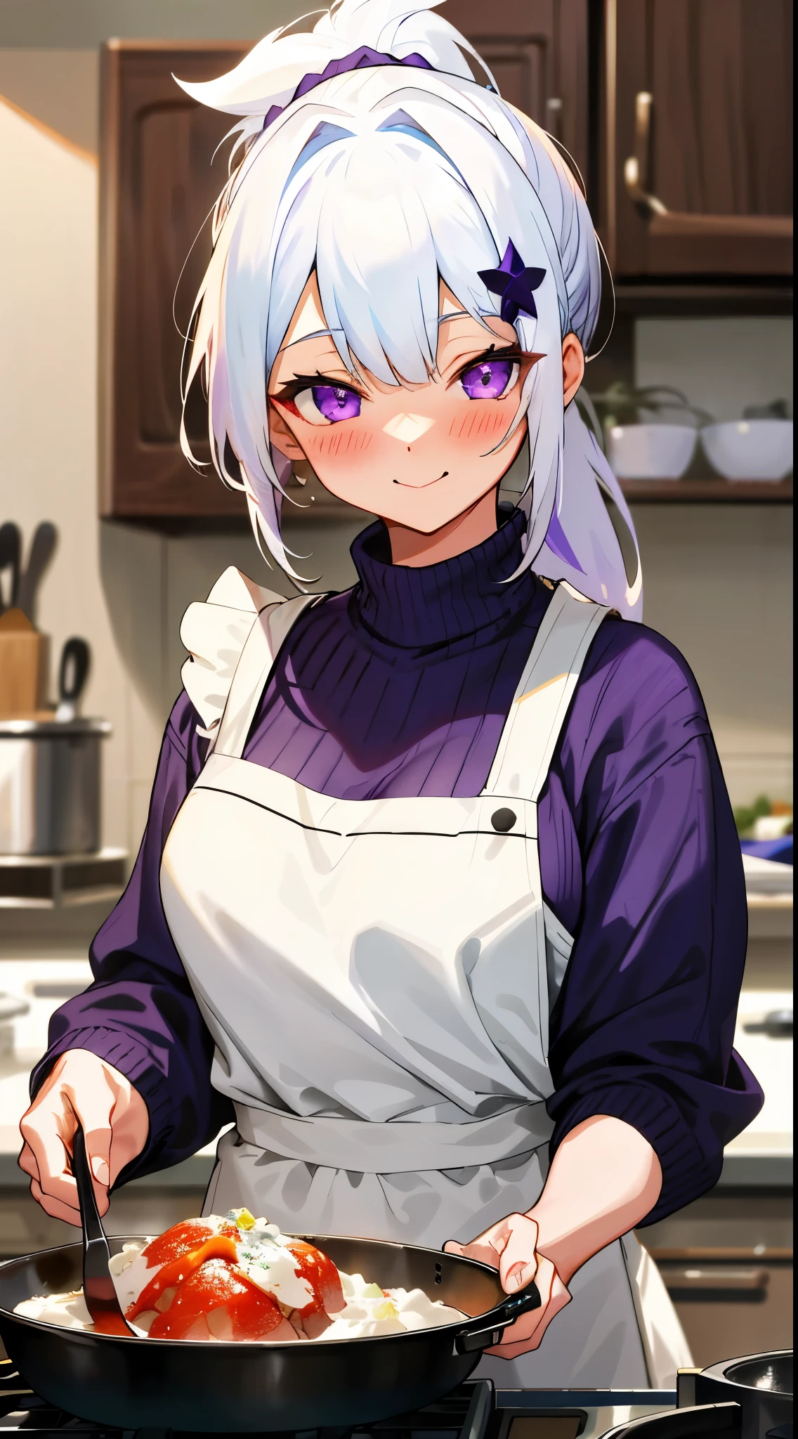 One girl with high ponytail hair, bangs, white hair, blue inner hair:1.25) , purple eyes, blushing, light smile, indoor, Cooking food, kitchen, sweaters, apron, mid-chest, day atmosphere, hair ornament, medium breasts, upper body, focus, blurry background, food