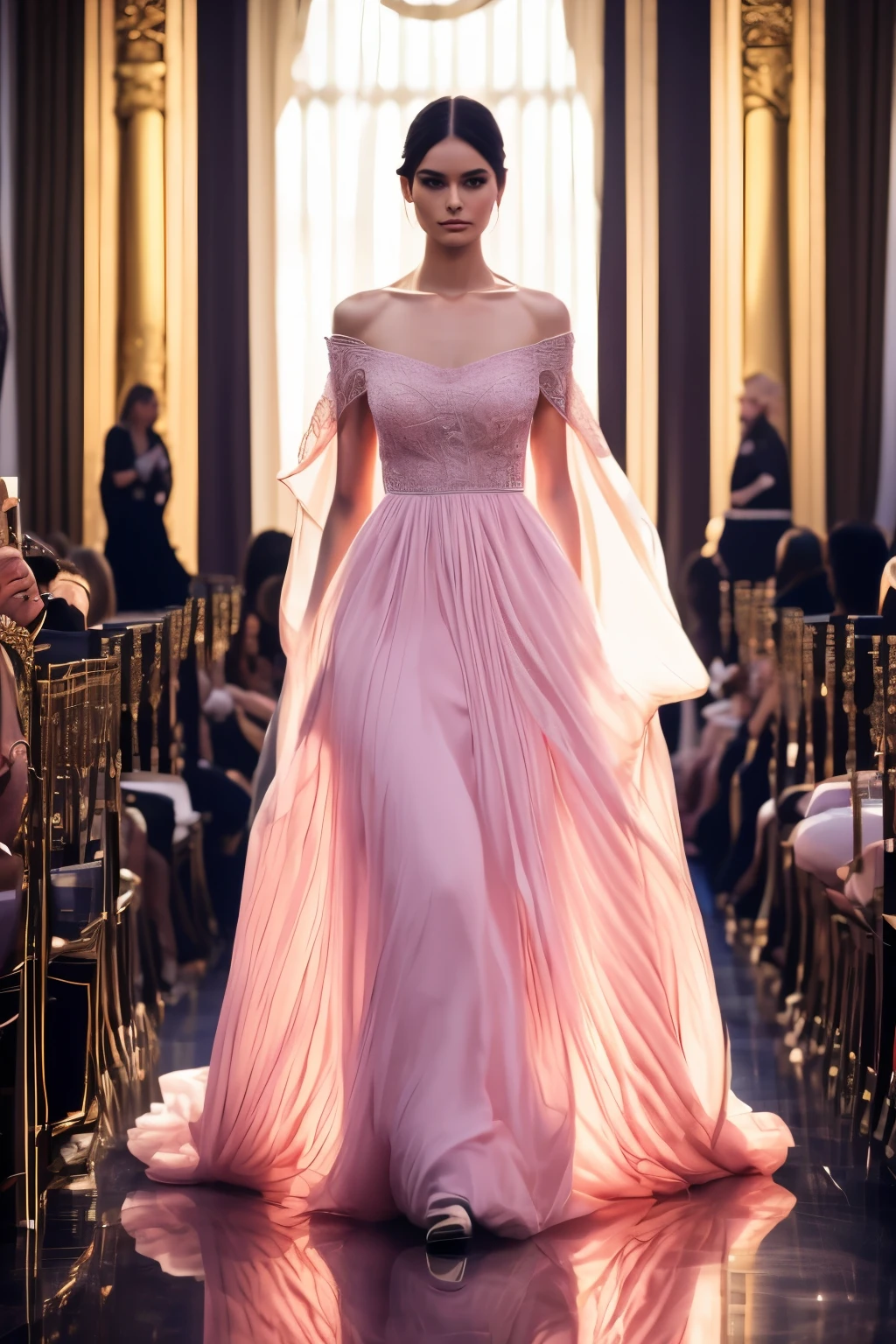 Wearing a dress on the runway、Woman wearing Tiable, soft elegant gown, very ethereal, ethereal fairytale, romantic gown, incredibly ethereal, Dreamy intricate long gown, brilliant pink ball gown, flowing robe, Luxurious and intricate long gown, long luxurious flowing robe, beautiful dress, dressed beautiful dress, ethereal!!!!!!!, thin waist
