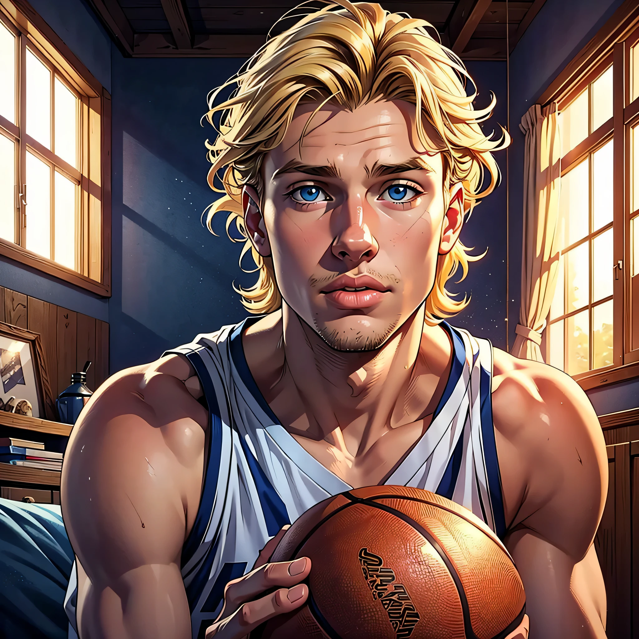 (melhor qualidade, realista, macho), 15 anos, (1 ), olhos detalhados, Detailed lips, cabelo loiro, Messy hair, olhos azuis, basquete, ambiente aconchegante, soft lighting, ambiente calmo, macho