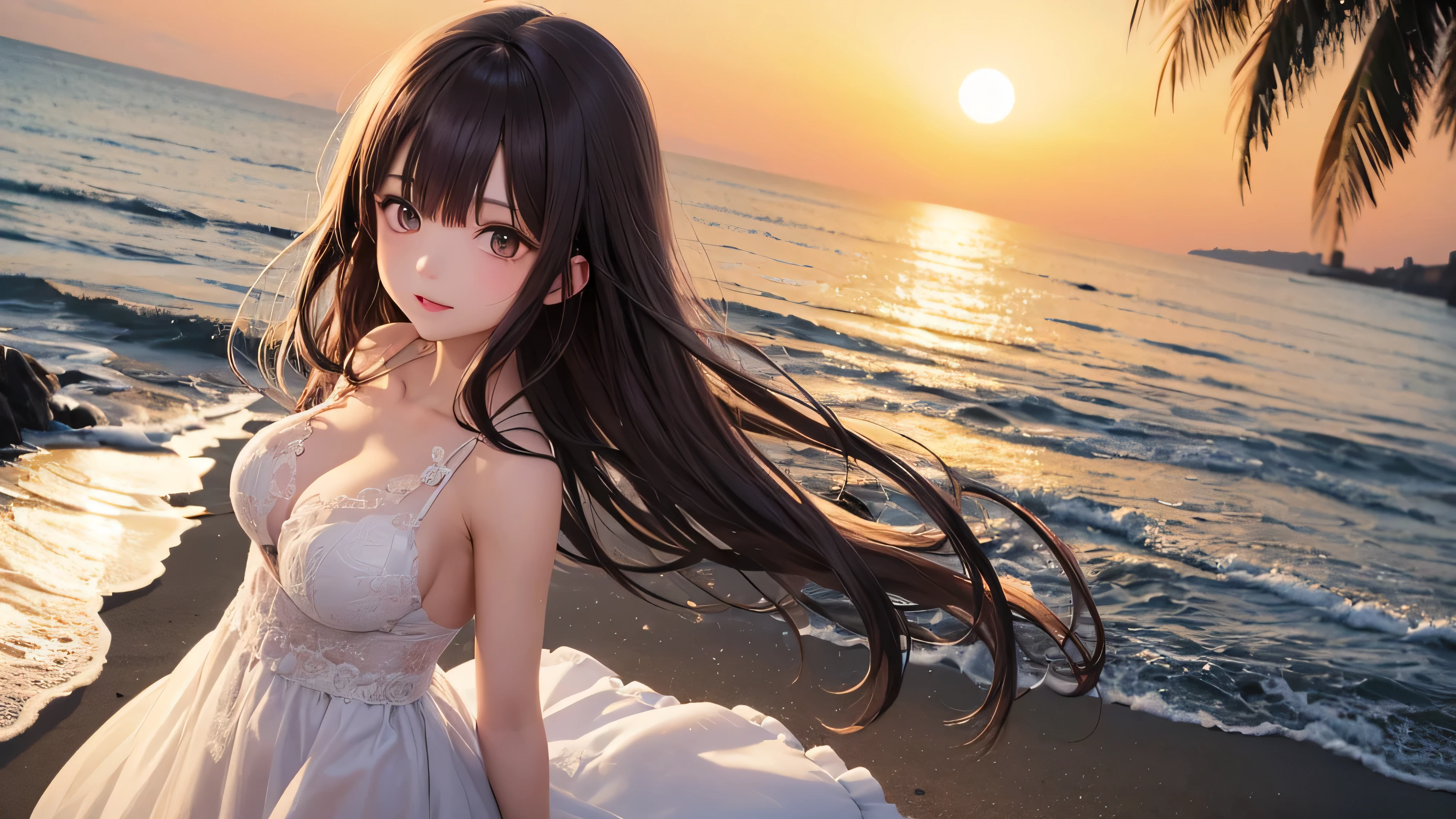ultra detailed illustration of a beautiful woman wearing a white dress in front of the sea, na praia, 30 anos de idade, lindo cabelo loiro liso, cabelo comprido hlaf iluminado por luzes de fundo, olhos azuis vibrantes, raios de sol, Retroiluminado, sunset, colorida, cores tetradicas, mystic, ultra sharp focus, melhor qualidade, best resolution