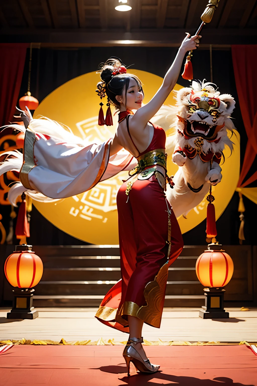 The picture shows a wonderful Chinese lion dance performance。The stage set faces the traditional courtyard，Red lanterns and golden holiday banners are hanging。People cheered around the stage，Expect a gorgeous and mysterious lion dance show。 In the center of the picture，The majestic lion dance is ready to try。It is tall and powerful，Covered with golden fur，The body is decorated with red and green ornaments。Its lion head comes to life，The eyes are flexible，Gaze ahead。The lion bites the firecracker，It symbolizes the power of celebration and the destruction of evil。 Two dancers perform a lion dance in the front and rear sections。They wear uniform costumes，Precisely coordinate movement。The former dancer wore a red robe，With dancing sticks，Dancing lion body，Show the strength and power of the lion。The rear dancer manipulates the tail of the lion dancer，Follow the lion dance flexibly and gracefully。 The audience was elated，Applause and applause abound。They watched intently at every movement of the lion dance，Full of joy and excitement。Some children scrambled to get closer to the stage，reaching out her hands，Chase and play lion dance。 The whole picture is full of festive and joyful atmosphere。The colors are bright and bright，It makes people feel like they are in the joyous celebration of the Mid-Autumn Festival。The power and power of the lion dance、Cooperation and coordination of dancers，It shows the unique charm and wonderfulness of lion dance performances in Chinese culture。