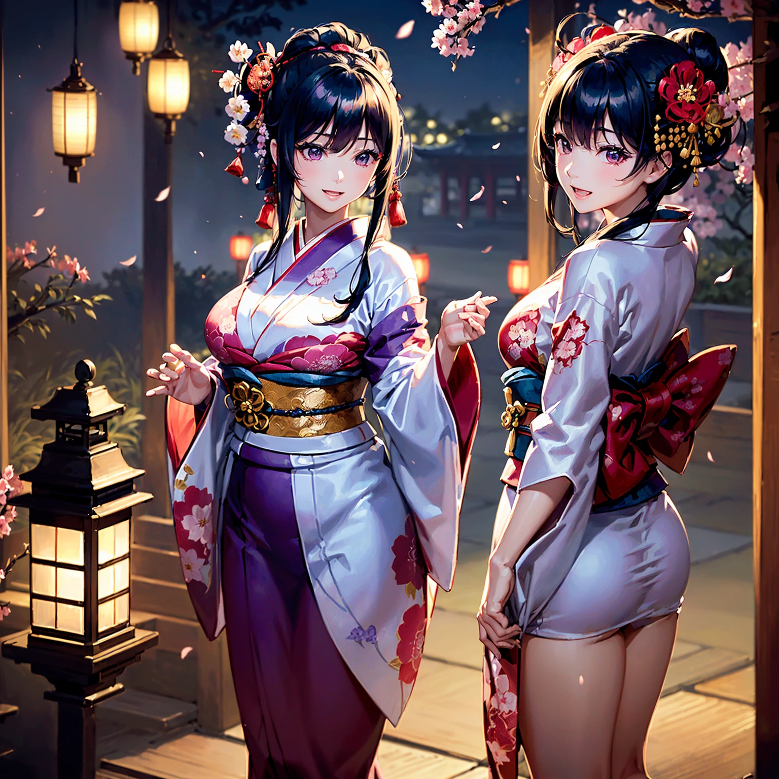 (((highest quality、masterpiece、very high resolution))),(There is one woman who has perfect and ultimate beauty.,beautiful figure,beautiful face,beautiful skin,beautiful breasts),(nice smile,open your mouth,cheeks are red),(beautiful hair,Japanese hair,best hair texture),(beautiful breasts:F cup,Best skin texture,I can see the cleavage,I can see my thighs),((wearing a beautiful Japanese kimono,red kimono,purple kimono,Black kimono,Pink kimono,floral kimono)),(There is a sense of dynamism,the wind is blowing,Kimono and hair are affected by the wind、Japanese garden:Night cherry blossoms and lanterns、mysterious night sky、beautiful scenery)、(model pose,model shoot),(Overall image、accurate image、Detailed images、accurate anatomy、Image without defects、Natural light、beautiful images、非常にDetailed images、Perfect Image 1.5)、(best shot,RAW photo)、Realistic portraits,bijinga,Yamato Nadeshiko,Japanese clothing,