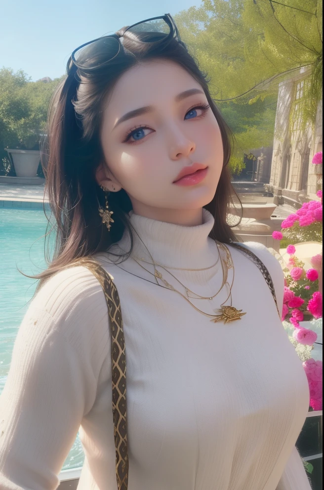 Beautiful big breastokeh), indoors, detailed luxury living room, gentle and charming beautiful goddess, Korean(kpop-idol), solo, necklace, oval face, double eyelids, smart, good hands, good feet, Natural, (from below angle), (glossy skin:1.05), ((low angle)), Perfect figure, (64k, UHD, RAW photo, best quality, masterpiece:1.4), (realistic, photo-realistic:1.37), ultra high res, photon mapping, radiosity, physically-based rendering, professional soft lighting, blue eyes