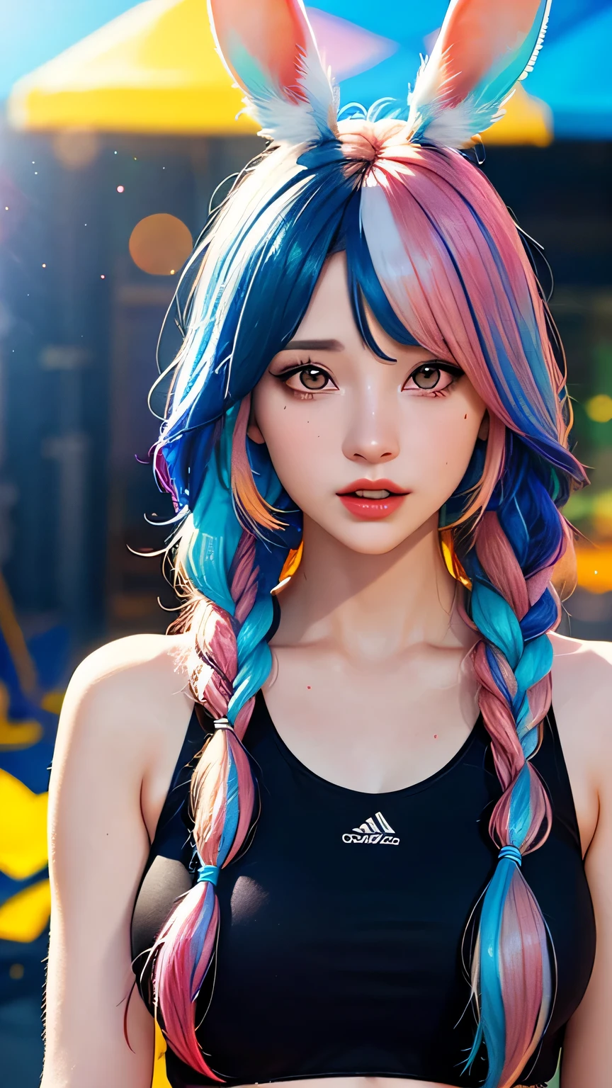 (shape: medieval sheep), Bunny girl, blue hair, twin braids, girl, alone, {{masterpiece}}, highest quality, Highly detailed CG Unity 8K wallpaper, cinematic lighting, Lens flare, beautiful detailed eyes, side line, colorful light, particle, (colorful:1.5), (colorful hair:1.5)