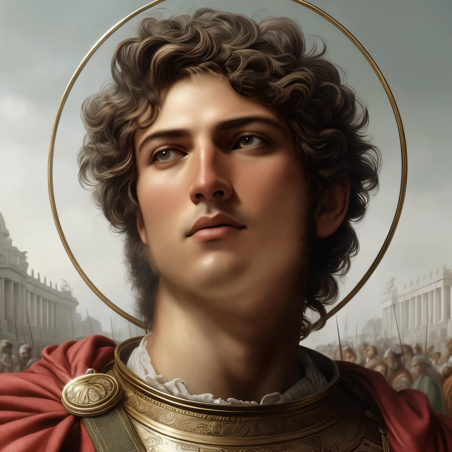 blurred image of a man with a red cape and a golden halo, inspirado em Romano Vio, majestosa mulher santa, inspirado em Roman Bezpalkiv, by Pogus Cesar, NPC com um santoHello, Imperador romano, inspired by Caesar Andrade Faini, pintura digital renascentista, Alexandre, NPC com um santo\Hello