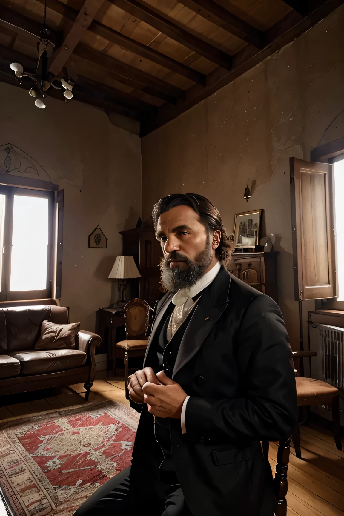Nineteenth-century man, aproximadamente 50 anos, barba cerrada, cabelos grisalhos, vestndo fraque e cartola, with a room in the background decorated with 19th century furniture