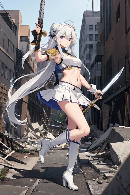 secondary elements、White combat uniform、ager、beautiful girl、Navel exposure、short skirt、1 girl,medium breasts,Towards the audience,long silver hair,purple eyes,whole body,Military uniform,uniform,have,white skirt,Burn,Togare,Are standing,(Togare),右手に持ったsword,rubble,Collapsed buildings,Burn,Remains,(carcass:1.1),長いsword,sword,Fierce fire, wonderful,white long boots、thighs、shiny skin