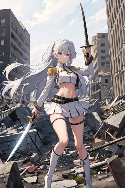 secondary elements、White combat uniform、ager、beautiful girl、Navel exposure、short skirt、1 girl,medium breasts,Towards the audience,long silver hair,purple eyes,whole body,Military uniform,uniform,have,white skirt,Burn,Togare,Are standing,(Togare),右手に持ったsword,rubble,Collapsed buildings,Burn,Remains,(carcass:1.1),長いsword,sword,Fierce fire, wonderful,white long boots、thighs、shiny skin