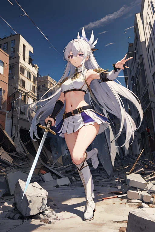 secondary elements、White combat uniform、teenager、beautiful girl、Navel exposure、short skirt、1 girl,medium breasts,Towards the audience,long silver hair,purple eyes,whole body,Military uniform,uniform,have,white skirt,Burn,Togare,Are standing,(Togare),右手に持ったsword,rubble,Collapsed buildings,Burn,Remains,(carcass:1.1),長いsword,sword,Fierce fire, wonderful,white long boots、thighs、shiny skin