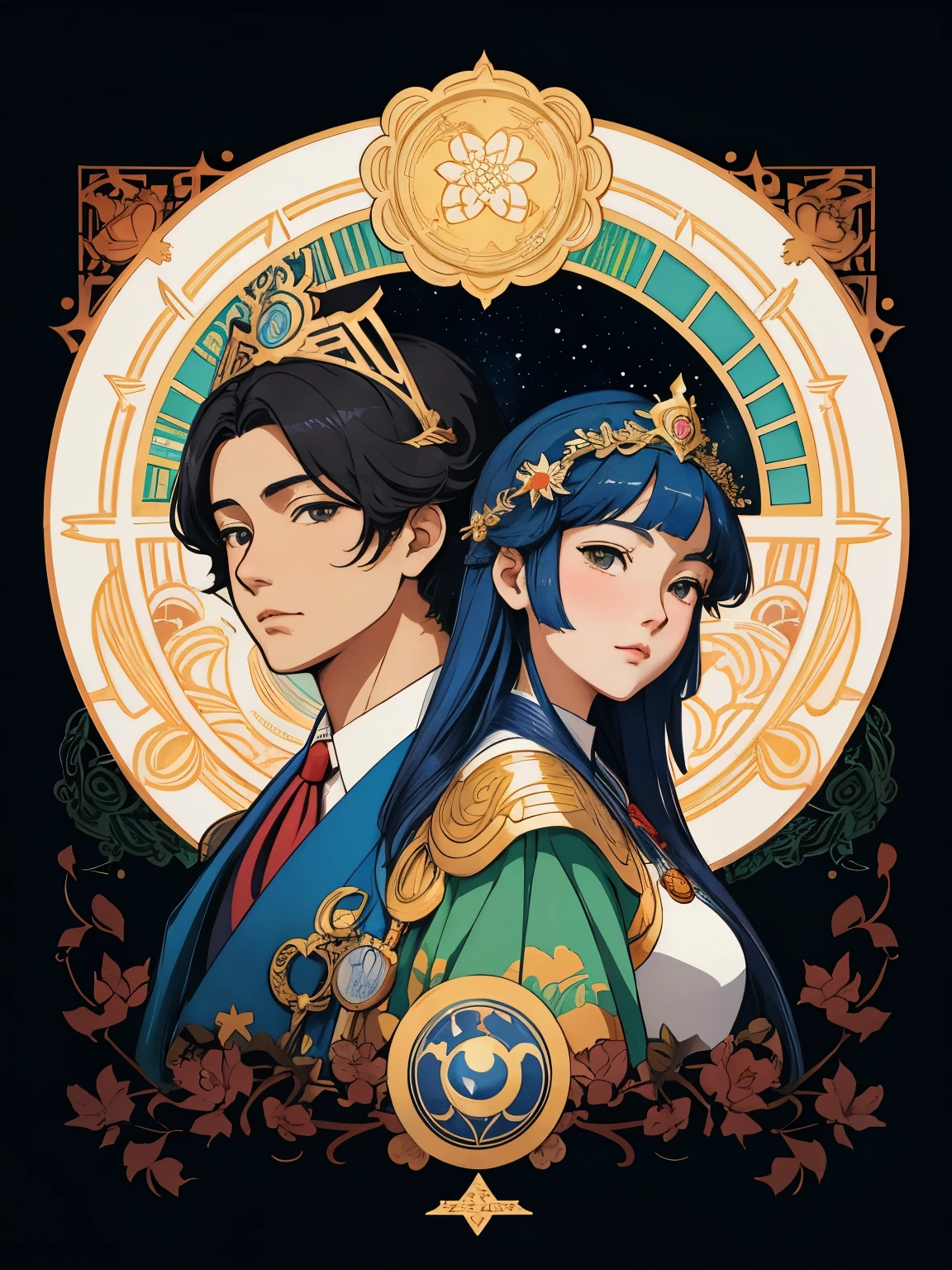 Close-up of a poster，Above are two people wearing crowns on their heads，women back to back, anime art nouveau cosmic display, Korean Art Nouveau Animation, Complex and gorgeous anime CGI style, jc leyendecker and sachin teng, anime art nouveau, Animation illustrations, official artwork, Detailed digital animation art, A beautiful artistic illustration, artbook artwork, Fantasy psychedelic animation, Yamamoto Takato’s Aesthetics