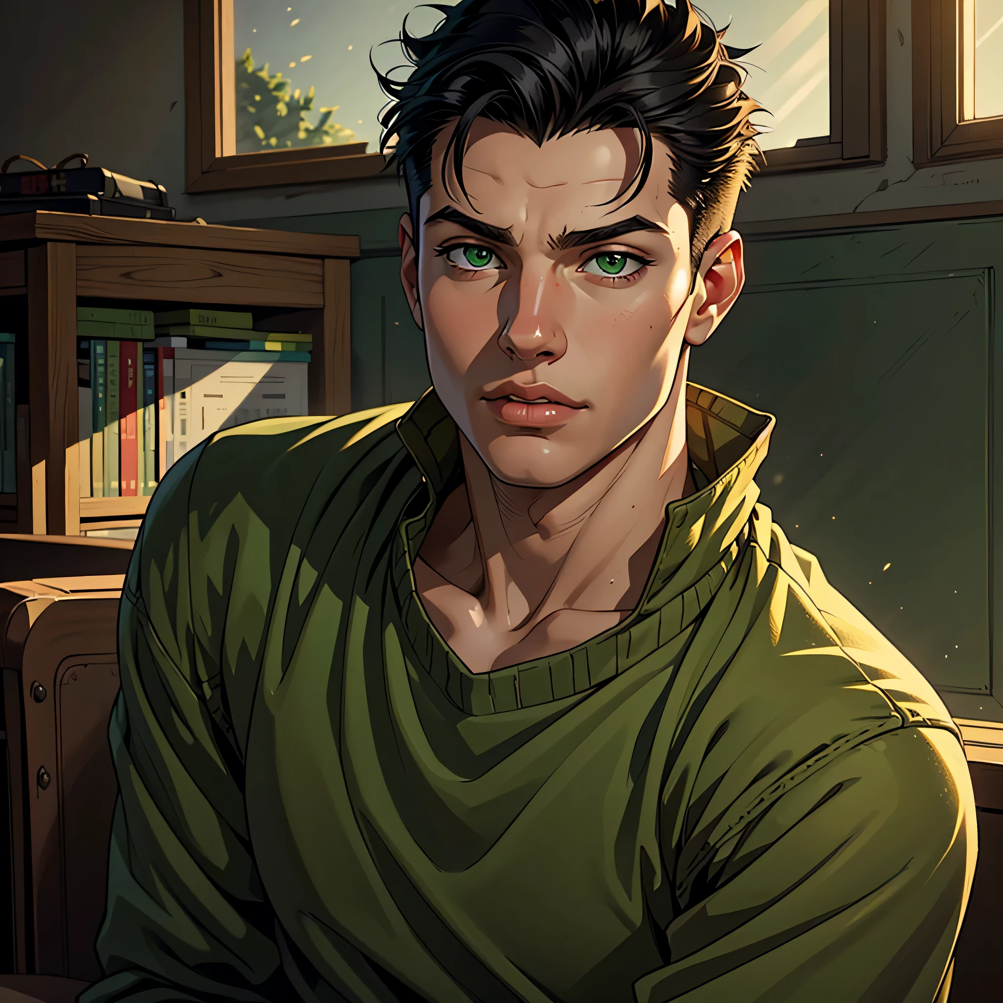 (melhor qualidade, realista, macho), 15 anos, (1 menino), olhos detalhados, Detailed lips, Cabelo preto, cabelo espetado, olhos verdes, escola, ambiente aconchegante, soft lighting, ambiente calmo, macho
