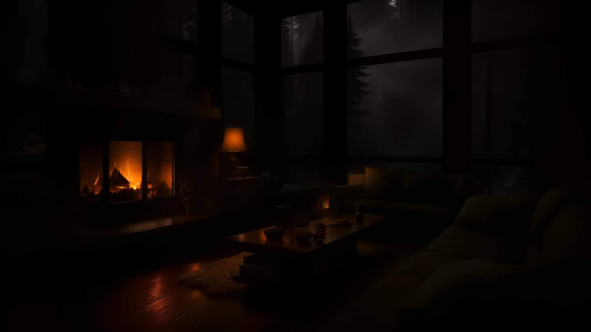 Bedroom view with a fire in the fireplace, lake view, huge windows facing the forest, peaceful night. A realistic depiction of a rainy day. Original rendering, rainy night, dark cinematic lighting, and mood. Digital paintings, fantastical settings, melancholy cartoons, and dramatic lighting. Conceptual art, moody pictures, and dismal weather. Hyperrealistic, atmospheric rendering, rainy night, large woodland, ambient and sandy textures, stunning and dramatic lighting, rainforest