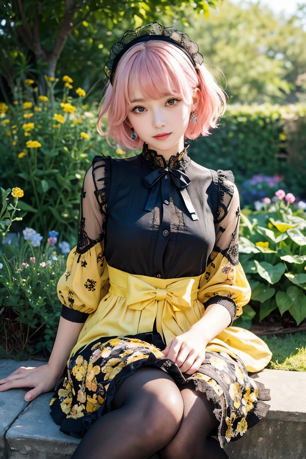 (8K, Highest quality, masterpiece:1,2), (Realistic, Photorealistic:1.37), Super detailed, One Girl,), (Very detailed), (Beautiful and detailed eyes), (Highest quality), (Very detailed ), (masterpiece), (Detailed face),20-year-old, ,1 Girl, ((Pink Hair,Very short hair)), Medium chest, Dressed, Perfect lighting, break (Yellow Gothic Lolita:1.4), (Black lace cardigan:1.3), (Yellow floral dress:1.3), Fluffy skirt, Tight Top, Black Ribbon, Black Button, (Black knee socks:1.2), Black Loafers, Black headband, Black earrings, break bangs on left side, Tuck your hair behind your right ear, Black headband, smile, Eyes look at the camera, right hand lift Black lace cardigan, Cross your left hand in front of your chest, garden, Colorful flowers, Mainly pink and yellow, Match your hairstyle and outfit, Natural light, Sunlit Garden, A soft light on the face, Few shadows, Bright atmosphere