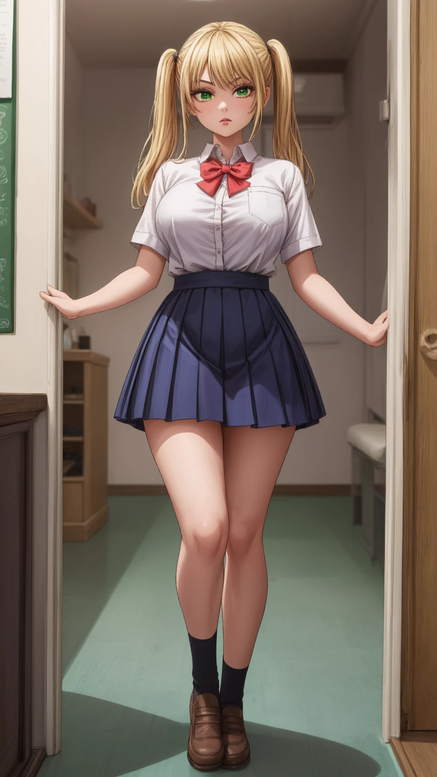 anime female character in school uniform, with short skirt, 
BREAK
, rika hoshizaki, (green eyes:1.3), blonde hair, twintails, (Beautiful,Huge_Breasts:1.3), milf,
BREAK
, 1girl, solo, Standing in the garden, full body, full figure,
BREAK
, Beautifully detailed illustration of a cozy and meticulously decorated school classroom with warm lighting, vibrant colors, and an inviting atmosphere.
BREAK
, skirt, shirt, bow, school uniform, white shirt, short sleeves, pleated skirt, bowtie, blue skirt,

BREAK
, beautiful detailed eyes, beautiful detailed lips, extremely detailed eyes and face, long eyelashes,
BREAK
, medium: oil painting, atmospheric lighting, dreamy color palette, detailed interior decoration, quiet and peaceful ambiance,
BREAK
, (best quality,4k,8k,highres,masterpiece:1.2), ultra-detailed,