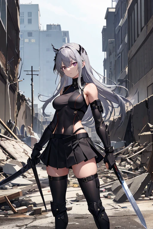 secondary elements、Black combat uniform、teenager、beautiful girl、Navel exposure、short skirt、1 girl,medium breasts,Towards the audience,long silver hair,purple eyes,whole body,Military uniform,uniform,have,black skirt,Burn,Togare,Are standing,(Togare),右手に持ったsword,rubble,Collapsed buildings,Burn,Remains,(carcass:1.1),長いsword,sword,Fierce fire, wonderful,black long boots、thighs、shiny skin