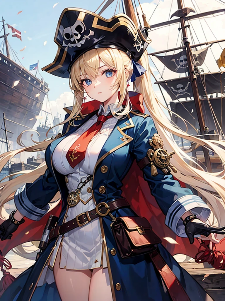 (((masterpiece、Highest image quality、highest quality、highly detailed unity 8kwallpaper)))、((Illustration of one girl、upper body))、(((beautiful girl)))、(fantasy、female pirate)、(blonde、short ponytail:1.2、light blue eyes)、(((The right arm is a steampunk-style prosthetic arm.)))、((tall))、bulky figure, massive frame, thick neck, sturdy arms, powerful legs、(captain's suit、Pirate hat、Blue coat)、standing on the pier、pirate ship、Wooden sailing ship