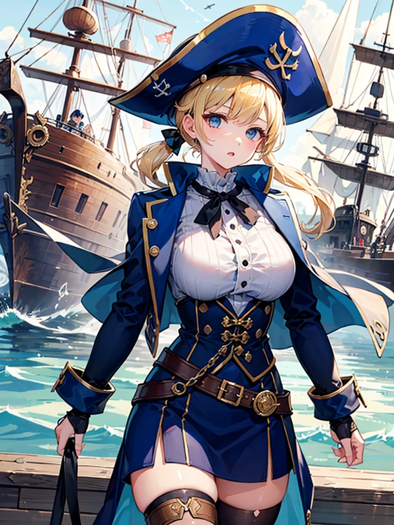 (((masterpiece、Highest image quality、highest quality、highly detailed unity 8kwallpaper)))、((Illustration of one girl、upper body))、(((beautiful girl)))、(fantasy、female pirate)、(blonde、short ponytail:1.2、light blue eyes)、(((The right arm is a steampunk-style prosthetic arm.)))、((tall))、bulky figure, massive frame, thick neck, sturdy arms, powerful legs、(captain's suit、Pirate hat、Blue coat)、standing on the pier、pirate ship、Wooden sailing ship