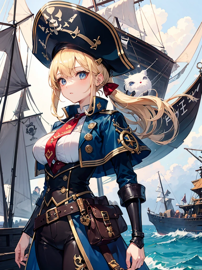 (((masterpiece、Highest image quality、highest quality、highly detailed unity 8kwallpaper)))、((Illustration of one girl、upper body))、(((beautiful girl)))、(fantasy、female pirate)、(blonde、short ponytail:1.2、light blue eyes)、(((The right arm is a steampunk-style prosthetic arm.)))、((tall))、bulky figure, massive frame, thick neck, sturdy arms, powerful legs、(captain's suit、Pirate hat、Blue coat)、standing on the pier、pirate ship、Wooden sailing ship