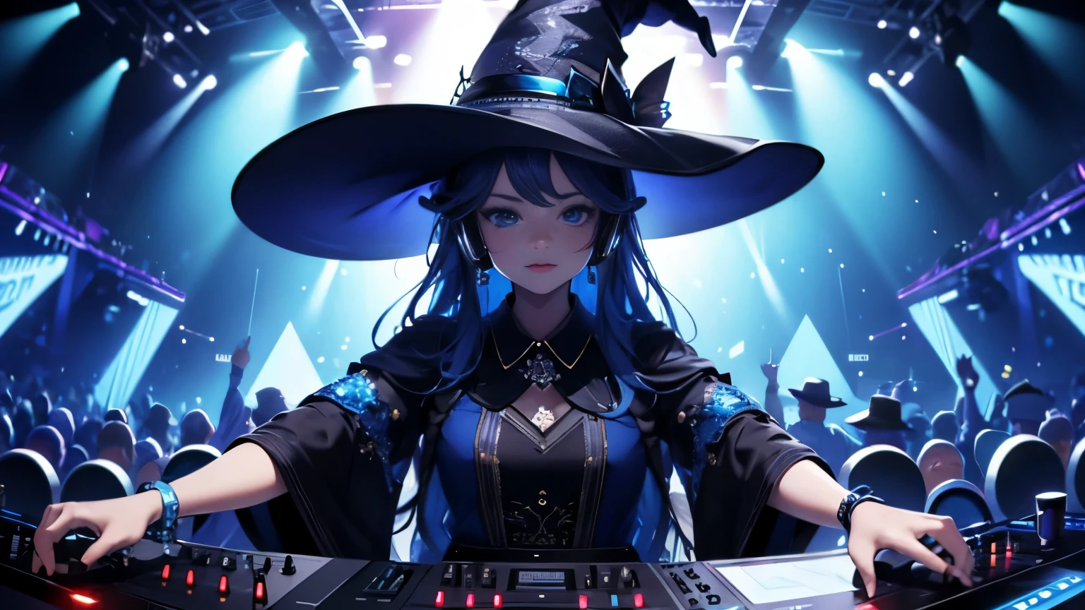 Masterpiece, wallpaper of gorgeous Ranni, playing on dj decks. blue ranni skin, wearing witch hat on head. head phones under hat, high detail, dancing crowd in background, party lights, Best quality, Hyper detailed, sharp focus