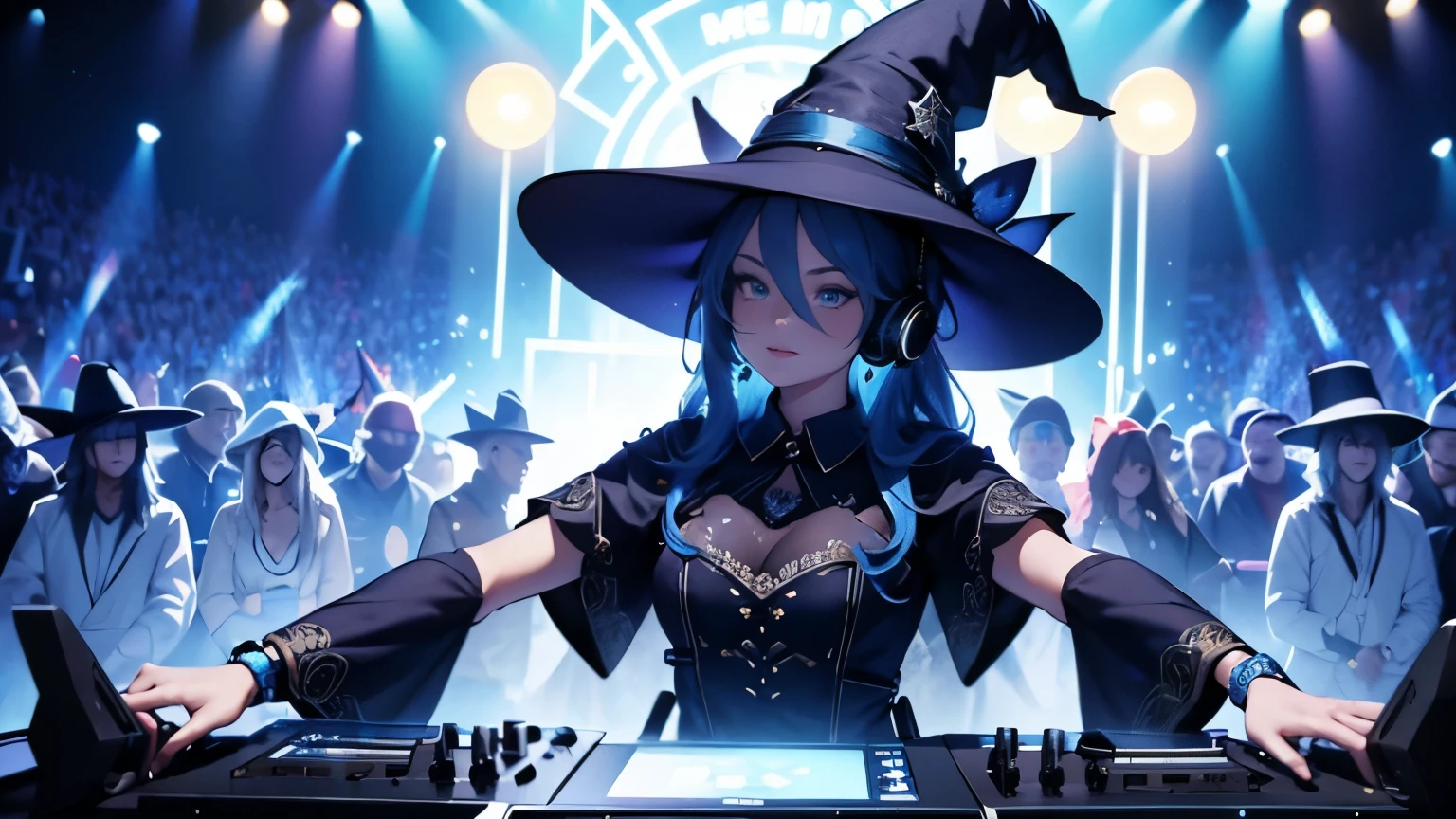 Masterpiece, wallpaper of gorgeous Ranni, playing on dj decks. blue ranni skin, wearing witch hat on head. head phones under hat, high detail, dancing crowd in background, party lights, Best quality, Hyper detailed, sharp focus