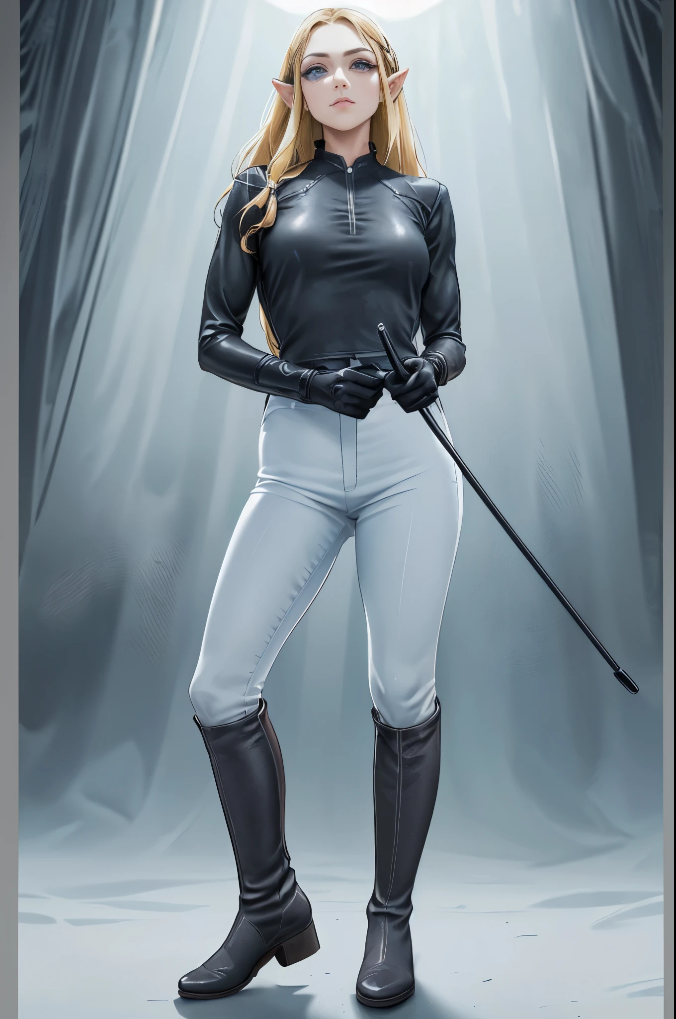 ((Masterpiece), (Best Quality)) (adult),(mature),(woman),(milf),(super detailed), (disheveled hair), photography, masterpiece, best quality, 1girl, tall, long hair, muscles, medium breasts, glamorous, dignified, wild, perfect eyes, perfect face, perfect lighting, woman, older sister's skin, ridiculously long blonde, middle parting, war_glam,uniform,fantasy, detailed background, anime, game, (twilight princess), (dramatic lighting)), (soft focus), (mysterious atmosphere),zelda,(black knee-high boots:1.3), equestrian,dominatrix,(holding riding crop),sportive,(looking at viewer:1.3),(white yoga pants)(black shirt),(gloves),seductive,(evil:0.2),((Zelda))(princess Zelda)