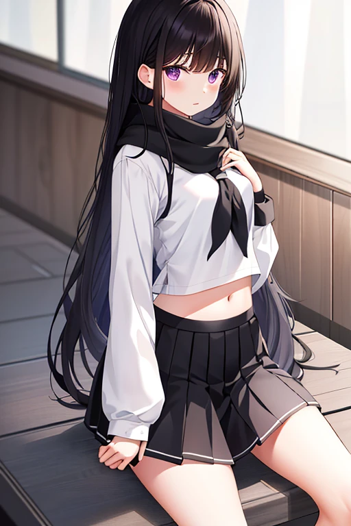 1 female、elusentanda、long、一个black hair的、school uniform、purple eyes、White shirt、white socks、pleated skirt、Bangss、Black sailor color、scarf、black skirt、long sleeves、(Shirt fluff 1.2)、navel、OK very、1 girl, Chitanda era, long hair, black hair, Uniforms, purple eyes, White shirt, white socks, pleated skirt, Bangs, Black sailor collar, scarf, black skirt, long sleeves, (shirt lift:1.2), navel, OK,