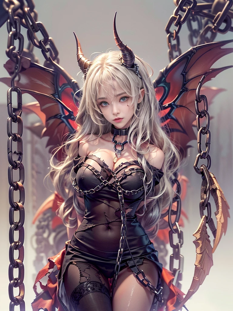 (RAW shooting:1.5, realistic:1.5, fractal art:1.5, 8K), (highest quality, masterpiece, ultra high resolution), Demonic world, Underground prisons, ((perfect dynamic composition:1.7)), Highly detailed skin and facial textures:1.3, Detail of limbs, 1 girl, (Cute sexy succubus demon with big wings:1.3, beautiful and aesthetic:1.3, Wearing detailed body jewelry:1.4), prisoner of war, slave, Horn, Fair skin, open your legs, colorful, (Correctly wear heavily torn clothes off-shoulder:1.3), Huge breasts that are about to burst, Do not show areola, big chest gap, (The expression on your face when you feel intense caress, Facial expression when feeling pleasure, A look drowning in pleasure, Are crying), beautiful blue eyes, Eyes that feel beautiful eros, sexy face, blush, (Too erotic and cute:0.9, Bewitching:0.9), ((torture:1.5, Raise your arms upwards:1.2, Lots of chains:1.8, countless chains tangled in clothes:1.8, Bind the right arm with shackles and chains:1.2, The left arm is shackled and chained.:1.2, The right leg is bound with a shackle and chain.:1.2, Bind the left leg with shackles and chains:1.2)), (((An incomprehensible amount of liquid flows throughout the body:1.5))), super long blonde curly hair, View from the knee up