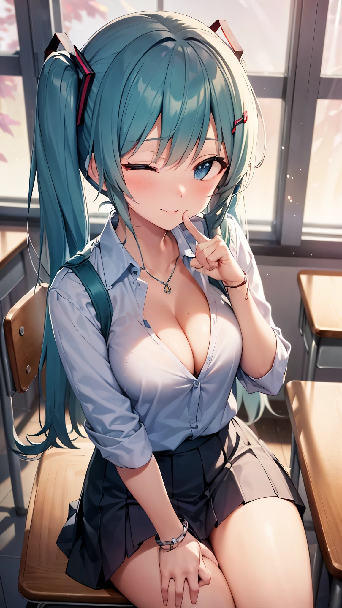 (Masterpiece,Super Detail,in 8K,best composition,rim lighting,photorealsitic,dynamic shot:1.5),view from below,solo,(Hatsune Miku,light blue twin tail:1.3),one eye closed,eye wink,beautiful detailed eye,looking at the camera,mischievous smile,detailed shiny skin,big tits,(sitting on school desk and legs wide apart,one index finger to mouth,the other hand on cleavage:1.5),Blouse with exposed cleavage,gray and black check pattern skirt,cute bangles,dazzling sunset,Backlit,in school classroom,particles of light, A sight that no one should see,top secret