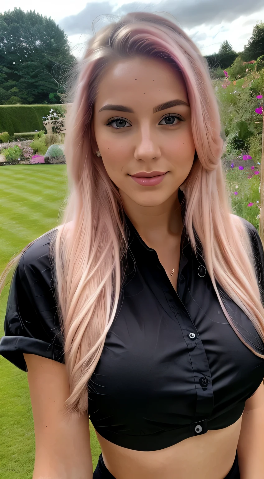 23 year old blonde., ((big breasts)), ((Hyperrealism)) ,. pink hair with light brown roots. Hair with brown roots, long hair, long hair, long hair, selfie, Photo taken on iPhone, elegant black shirt with ascot, space, selfie in the garden, High quality, selfie iPhone, split