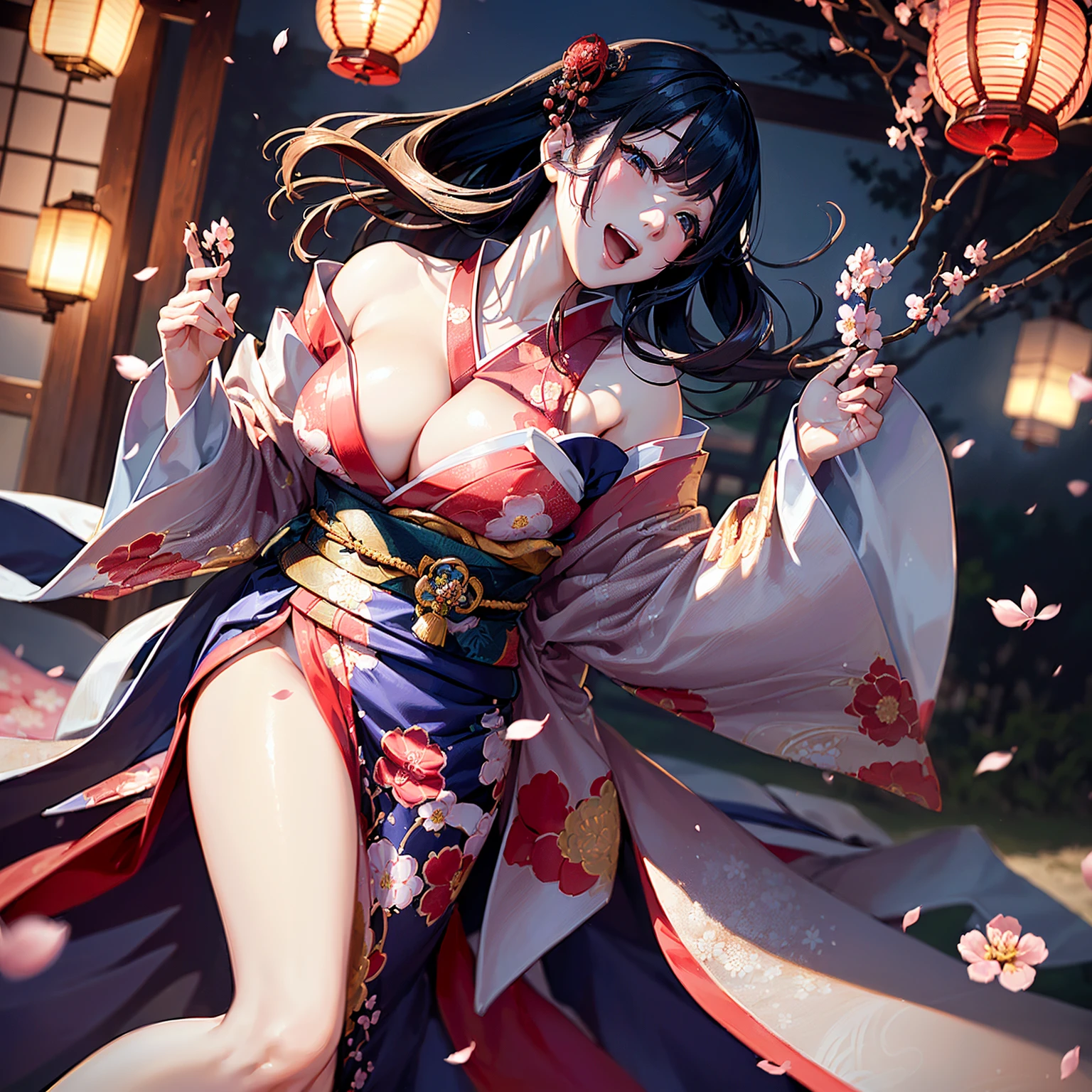 (((highest quality、masterpiece、very high resolution))),(There is one woman who has perfect and ultimate beauty.,beautiful figure,beautiful face,beautiful skin,beautiful breasts),(nice smile,open your mouth,cheeks are red),(beautiful hair,Japanese hair,best hair texture),(beautiful breasts:F cup,Best skin texture,I can see the cleavage,I can see my thighs),((wearing a beautiful Japanese kimono,red kimono,purple kimono,Black kimono,Pink kimono,floral kimono)),(There is a sense of dynamism,the wind is blowing,Kimono and hair are affected by the wind、Japanese garden:Night cherry blossoms and lanterns、mysterious night sky、beautiful scenery)、(model pose,model shoot),(Overall image、accurate image、Detailed images、accurate anatomy、Image without defects、Natural light、beautiful images、非常にDetailed images、Perfect Image 1.5)、(best shot,RAW photo)、Realistic portraits,bijinga,Yamato Nadeshiko,Japanese clothing,