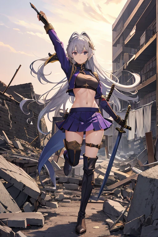 secondary elements、combat uniform、teenager、beautiful girl、Navel exposure、短いskirt、1 girl,medium breasts,Towards the audience,long silver hair,purple eyes,whole body,Military uniform,uniform,have,skirt,Burn,Togare,Are standing,(Togare),右手に持ったsword,rubble,Collapsed buildings,Burn,Remains,(carcass:1.1),長いsword,sword,Fierce fire, wonderful,Knee-high boots、thighs、shiny skin
