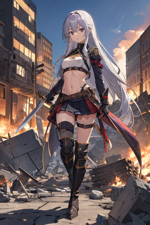 secondary elements、combat uniform、teenager、beautiful girl、Navel exposure、短いskirt、1 girl,medium breasts,Towards the audience,long silver hair,purple eyes,whole body,Military uniform,uniform,have,skirt,Burn,Togare,Are standing,(Togare),右手に持ったsword,rubble,Collapsed buildings,Burn,Remains,(carcass:1.1),長いsword,sword,Fierce fire, wonderful,Knee-high boots、thighs、shiny skin