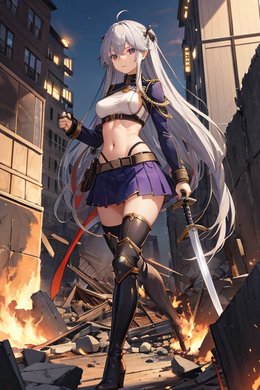 secondary elements、combat uniform、teenager、beautiful girl、Navel exposure、短いskirt、1 girl,medium breasts,Towards the audience,long silver hair,purple eyes,whole body,Military uniform,uniform,have,skirt,Burn,Togare,Are standing,(Togare),右手に持ったsword,rubble,Collapsed buildings,Burn,Remains,(carcass:1.1),長いsword,sword,Fierce fire, wonderful,Knee-high boots、thighs、shiny skin