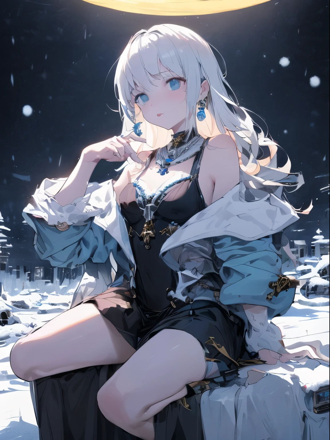 long_hair, 1girl, solo,<lora:HairCensorV1-000008:1>,hair censor, topless,fur coat, snowing,navel,standing,outdoors,