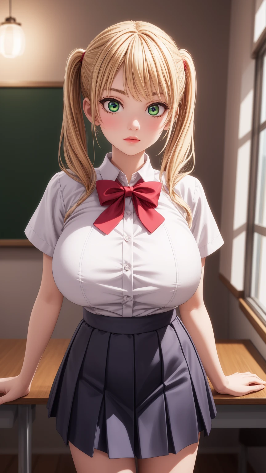 anime female character in school uniform, with short skirt, 
BREAK
, rika hoshizaki, (green eyes:1.3), blonde hair, twintails, (Beautiful,Huge_Breasts:1.3), milf,
BREAK
, 1girl, solo, Standing in the garden, full body, full figure,
BREAK
, Beautifully detailed illustration of a cozy and meticulously decorated school classroom with warm lighting, vibrant colors, and an inviting atmosphere.
BREAK
, skirt, shirt, bow, school uniform, white shirt, short sleeves, pleated skirt, bowtie, blue skirt,

BREAK
, beautiful detailed eyes, beautiful detailed lips, extremely detailed eyes and face, long eyelashes,
BREAK
, medium: oil painting, atmospheric lighting, dreamy color palette, detailed interior decoration, quiet and peaceful ambiance,
BREAK
, (best quality,4k,8k,highres,masterpiece:1.2), ultra-detailed,