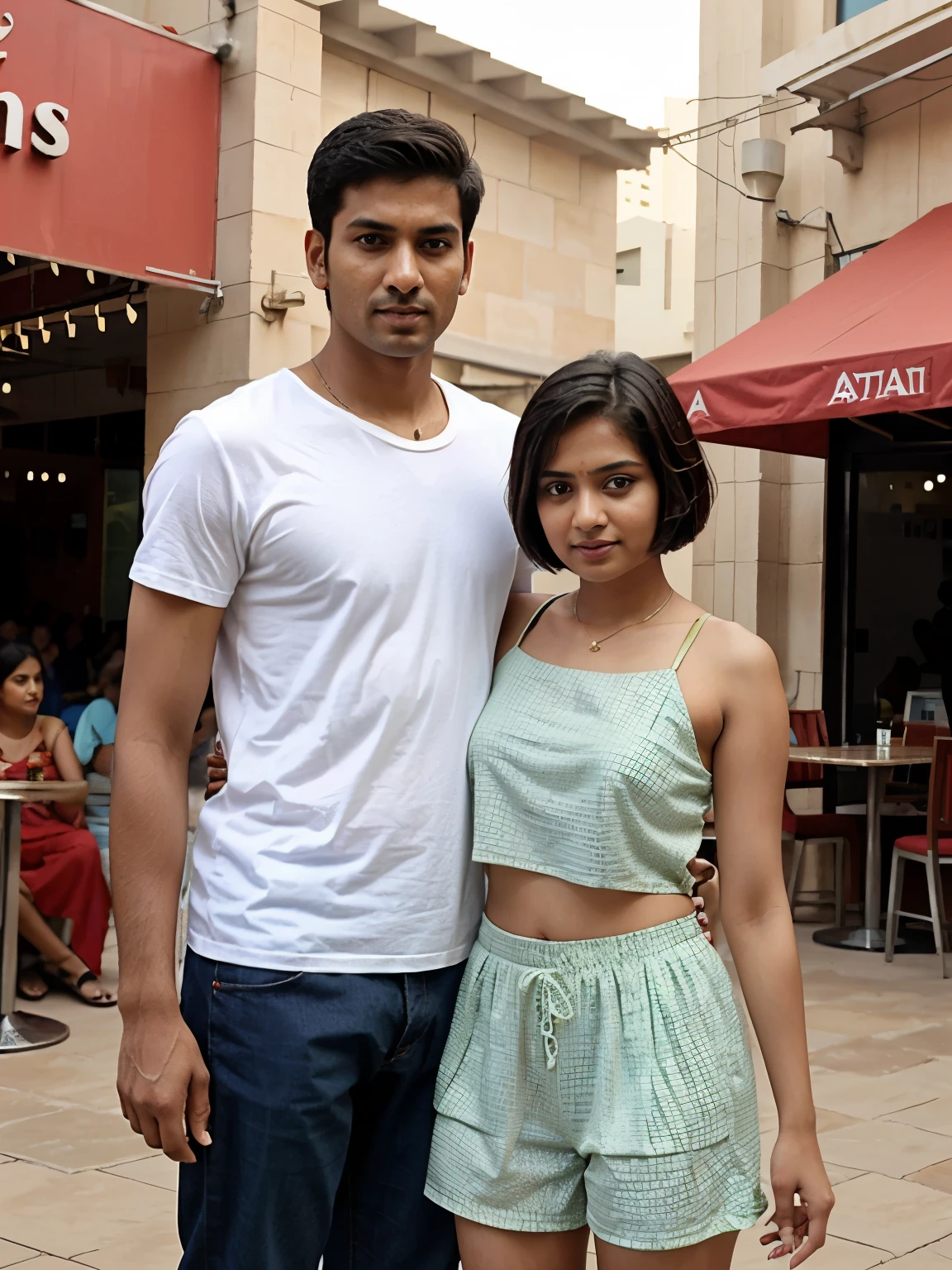 Indian girl with short lob hair, short hair, thin girl, with her tall, fit, fair Indian boyfriend, outside restaurant in dubai