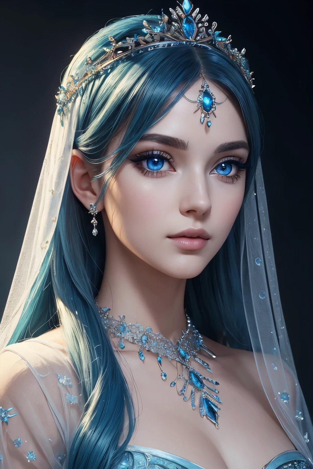 true masterpiece, a beautiful gorgeous fairy princess woman, blue hair, blue eyes, symmetrical eyes, detailed eyes, high quality eyes, perfect eyes, blue dress, perfect face, blue eyeshadow makeup on her eyes, eyeliner, very long beautiful eyelashes, blue necklacke, blue tiara on her head, high quality face, gentle face, realistic, photorealistic, shiny skin, (masterpiece:1.5), concept art, intricate details, highly detailed, octane render, 8k, unreal engine, dynamic pose, best quality, highres, pale skin, beautiful makeup, stunning beauty, very long eyelashes, 32k, high dynamic range, ultra realistic, highly detailed, high definition, extraordinary, stunning, beautiful, serene, normal proportions, perfect anatomy, realistic face, realistic eyes, highly detailed face, highly detailed body, high details, intricate clothing, glowing shadows, beautiful gradient, depth of field, clean image, extremely detailed face, highly detailed background, perfection, dreamy, gentle face, flowing, bright, bright background, sparkles in background, rays of light, plump lips, dazzling eyes, foreground, top of her dress is visible