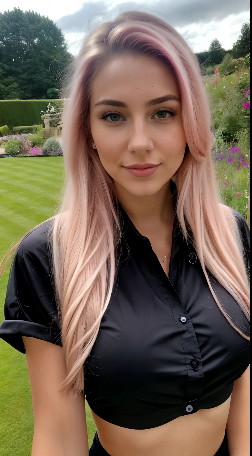 23 year old blonde., ((big breasts)), ((Hyperrealism)) ,. pink hair with light brown roots. Hair with brown roots, long hair, long hair, long hair, selfie, Photo taken on iPhone, elegant black shirt with ascot, Space, selfie in the garden, High quality, selfie iPhone, split