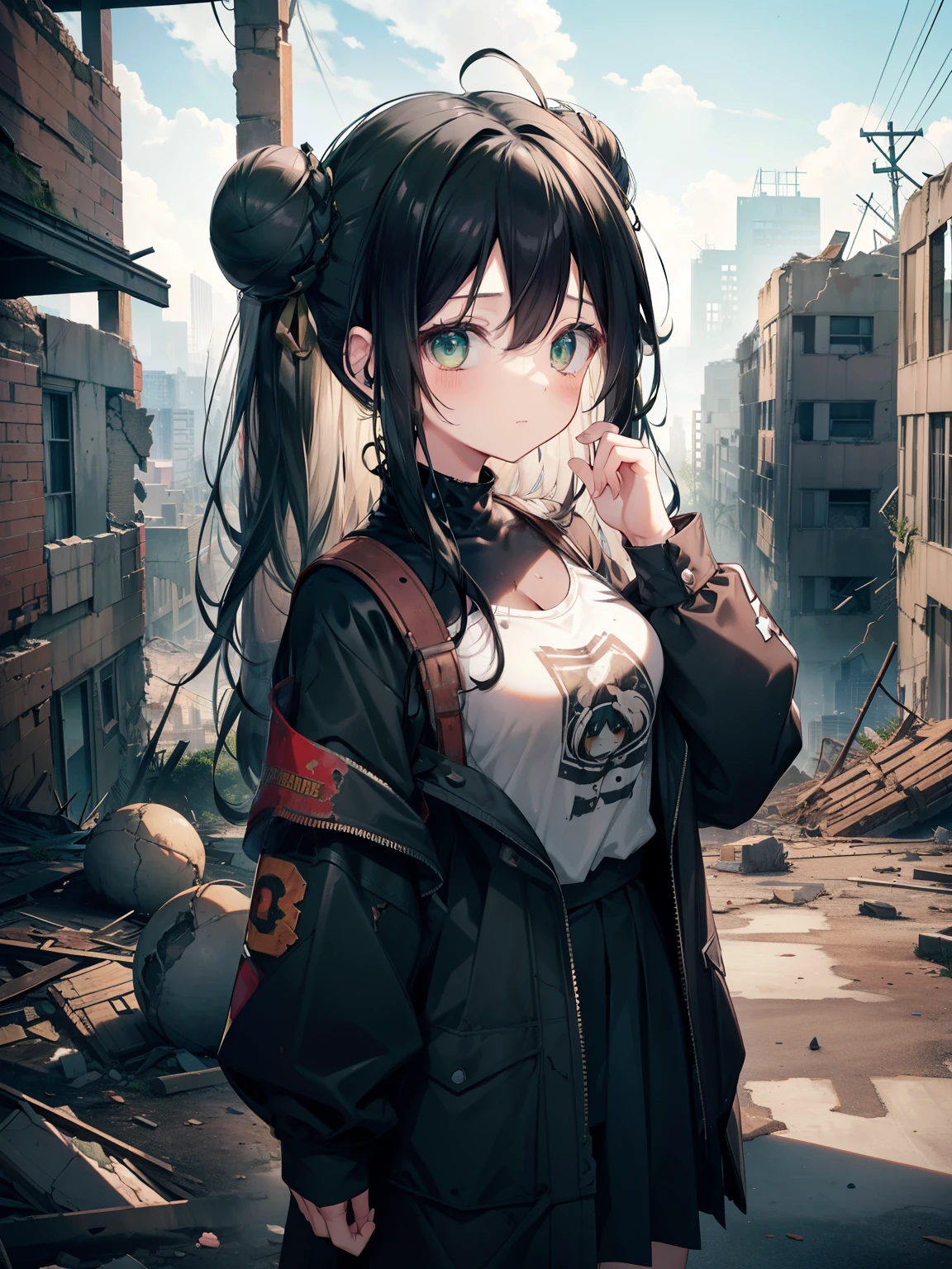 (Abandoned towns, Broken Buildings, Collapsed rubble in the background), Mechanical Wall. Wall piping, Dirty broken cracked walls, rusty rubble of ruins, large pieces,　small breasts、gal、high school student、((two bun hair)) Long hair in two buns、Forehead is exposed.、((black hair))、green eyes、