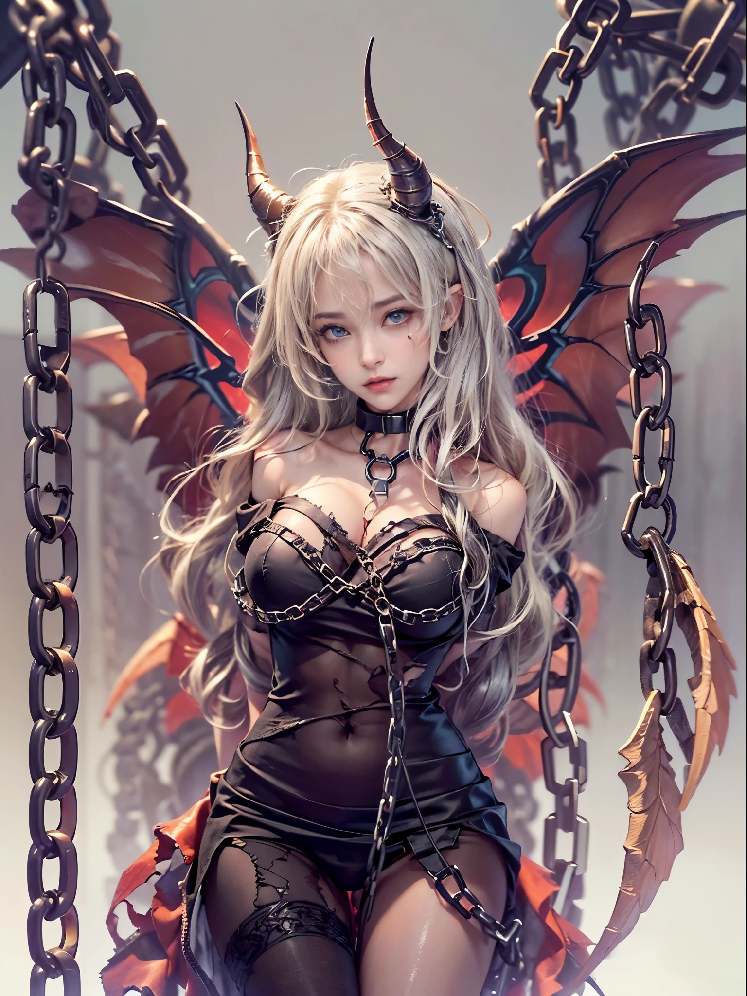 (RAW shooting:1.5, realistic:1.5, fractal art:1.5, 8K), (highest quality, masterpiece, ultra high resolution), Demonic world, Underground prisons, ((perfect dynamic composition:1.7)), Highly detailed skin and facial textures:1.3, Detail of limbs, 1 girl, (Cute sexy succubus demon with big wings:1.3, beautiful and aesthetic:1.3, Wearing detailed body jewelry:1.4), prisoner of war, slave, Horn, Fair skin, open your legs, colorful, (Correctly wear heavily torn clothes off-shoulder:1.3), Huge breasts that are about to burst, Do not show areola, big chest gap, (The expression on your face when you feel intense caress, Facial expression when feeling pleasure, A look drowning in pleasure, Are crying), beautiful blue eyes, Eyes that feel beautiful eros, sexy face, blush, (Too erotic and cute:0.9, Bewitching:0.9), ((torture:1.5, Raise your arms upwards:1.2, Lots of chains:1.8, countless chains tangled in clothes:1.8, Bind the right arm with shackles and chains:1.2, The left arm is shackled and chained.:1.2, The right leg is bound with a shackle and chain.:1.2, Bind the left leg with shackles and chains:1.2)), (((An incomprehensible amount of liquid flows throughout the body:1.5))), super long blonde curly hair, View from the knee up