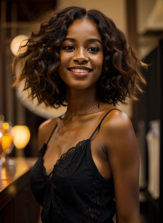 there is a woman with a very big smile posing for a photo, belle ville femme noire seulement, femme splendide, magnifique belle femme, jeune femme noire, belle et souriante, jeune femme noire, a belle jeune femme, short dark and curly hair smiling, belle jeune femme, middle part curly haircut, photo d'une femme noire, african american young woman, photo d'une belle femme