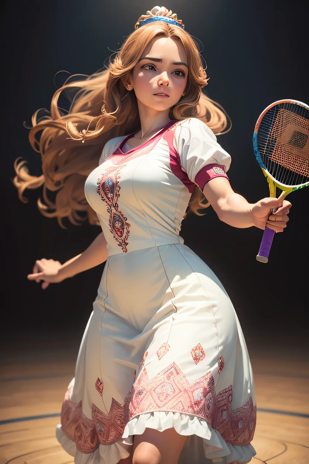 a sporty cartoon, European princess with brown hair wearing long dress, Play badminton,The action is meticulous,Skin color brown. (best quality, Super detailed, actual:1.37), bright colors, portrait, soft light