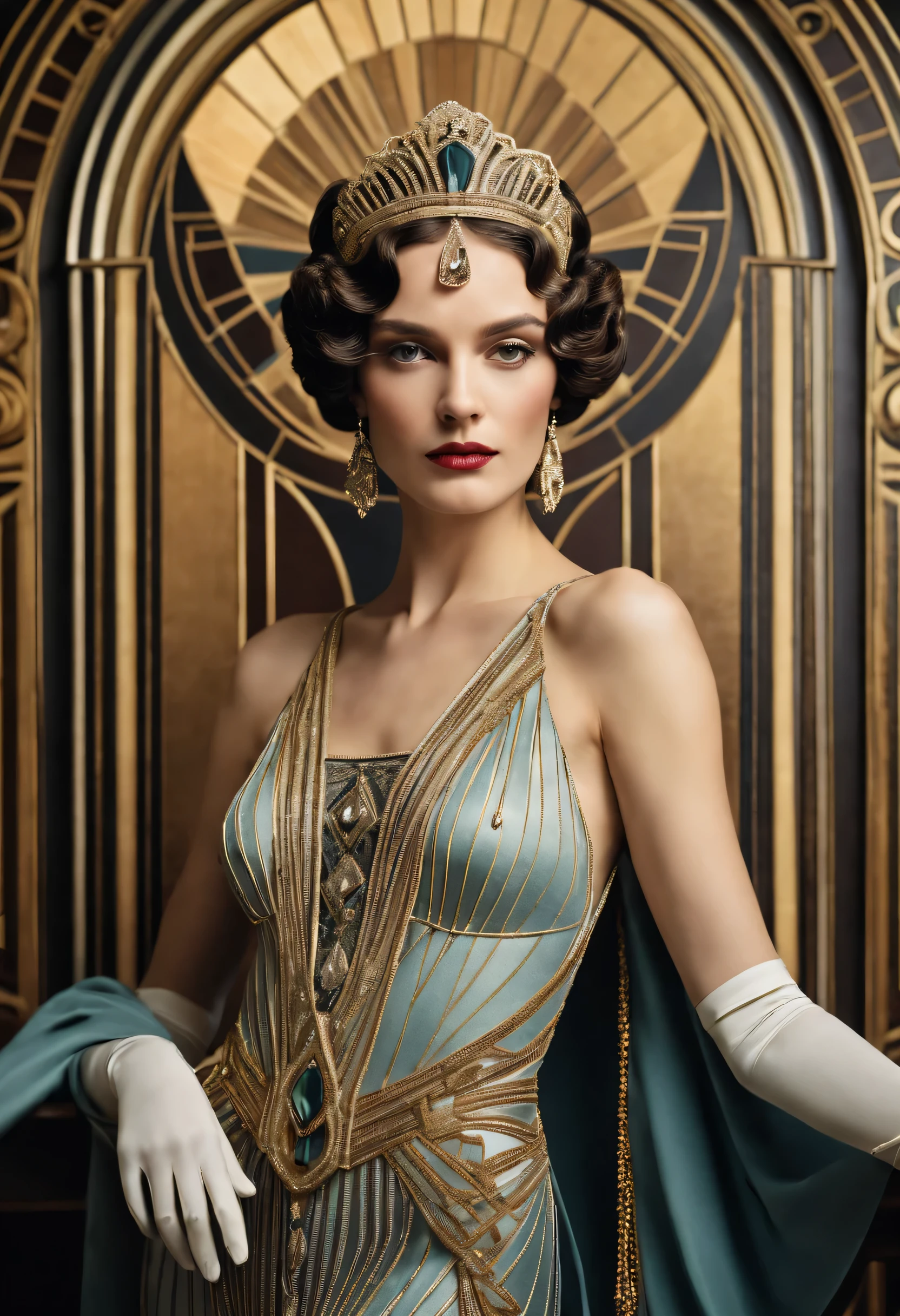 In the opulent style of Art Deco, a beautiful French queen is depicted in a stunning portrayal that captures the elegance and sophistication of the era. Adorned in luxurious attire and exuding regal poise, she embodies the epitome of Art Deco glamour and refinement. The dynamic structure is evident as the queen's majestic presence interacts with the ornate Art Deco elements, creating a visually captivating and evocative scene that resonates with the timeless allure of the period.