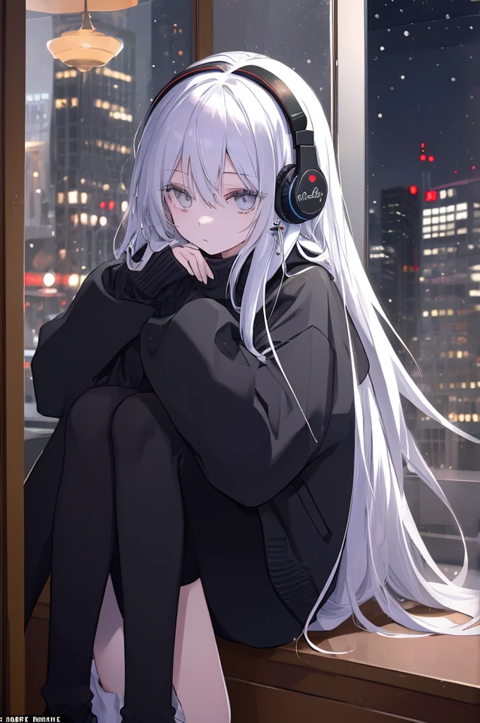 ((masterpiece:1.4, best quality:1.2)), 1girl, solo focus, beautiful skin, sweatshirt, very long white hair, grey eyes, black legwear, sitting, earrings, piercing, coffee shop window, night, snowing, cityscape, tall female, beautiful and delicate female, comfy ambience, {correct posing}, {detailed background}, a miniskirt, headphones on the head