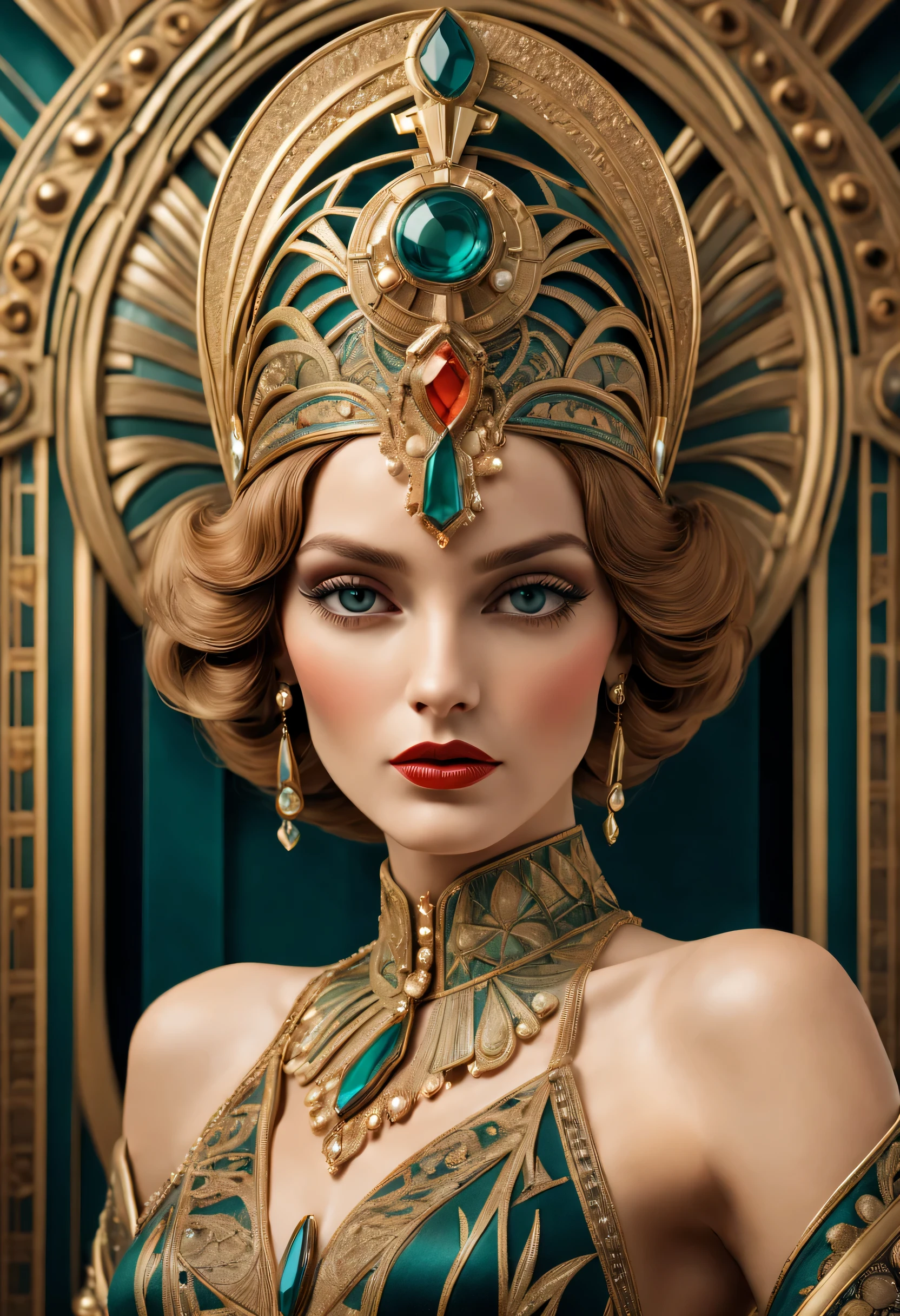fantasy art deco, In the opulent style of Art Deco, a beautiful French queen is depicted in a stunning portrayal that captures the elegance and sophistication of the era, Adorned in luxurious attire and exuding regal poise, she embodies the epitome of Art Deco glamour and refinement, intricate high detail, (vibrant, photo realistic, realistic, sharp focus) ((film grain, skin details, high detailed skin texture, 8k hdr, dslr)), (intricate background, sharp linues, industrial:1.3), imperial