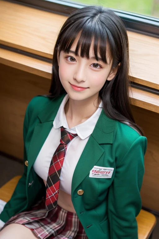 (8k , RAW photo , best quality , masterpiece:1.2), (realistic, photo-realistic:1.4), (extremely detailed 8k wallpaper), sharp focus, depth of field, blur background, bokeh, cinematic lighting, soft light,
upper body,(looking at viewer),
girl, Japanese idol , junior high ll breasts:1.5) , (open clothes: 1.5), (Brav5) ,
highly detailed beautiful face and eyes,(embarrassed,blush:1.3),(ecstasy:1.3), chest length hair , ((black hair)) , blunt bangs, very cute face , (young face:1.3) , smile , happy ,
(school uniform) , (((moss-green blazer uniform))) ,
BREAK ((red ribbon tie)) , BREAK ((white shirts)) , (tartan check moss-green skirt) , (white bra) , (downblouse) , (leaning forward)) , bent over , (view from above: 1.3) , (school, classroom, desk, chair): 1.2) ,